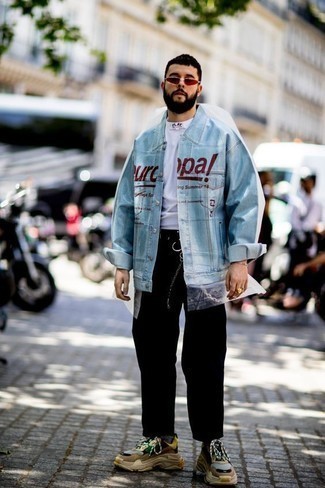 hellblaue bedruckte Jeansjacke von Gucci