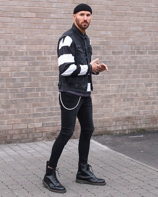 30 Jährige: Wie enge Jeans mit ärmelloser Jacke zu kombinieren – 1 Lässige Herren Outfits: Tragen Sie eine ärmellose Jacke und enge Jeans für einen entspannten Wochenend-Look. Fühlen Sie sich ideenreich? Entscheiden Sie sich für schwarzen Chelsea Boots aus Leder.