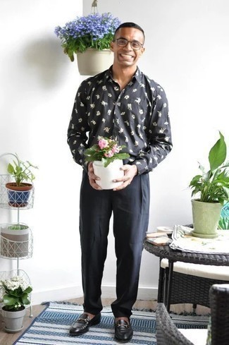 dunkelgraues Langarmhemd mit Blumenmuster von Etro