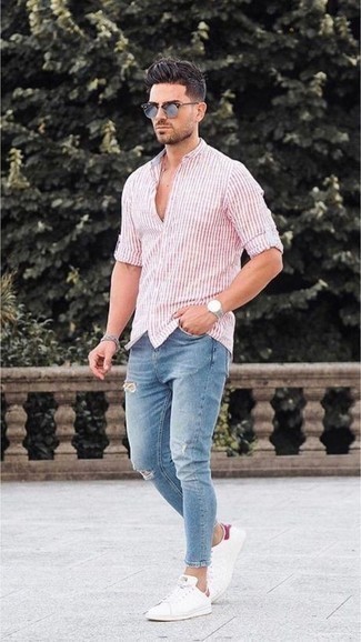 weißes und rosa vertikal gestreiftes Langarmhemd von Brunello Cucinelli