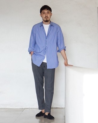 hellblaues vertikal gestreiftes Langarmhemd von CK Calvin Klein