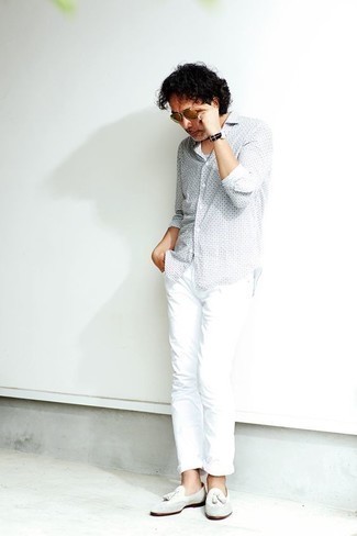 weißes und dunkelblaues bedrucktes Langarmhemd von Calvin Klein