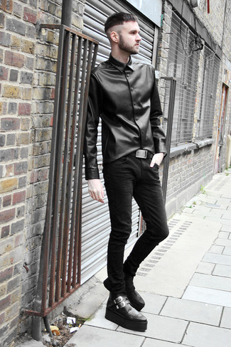 schwarzes Lederlangarmhemd von Jil Sander