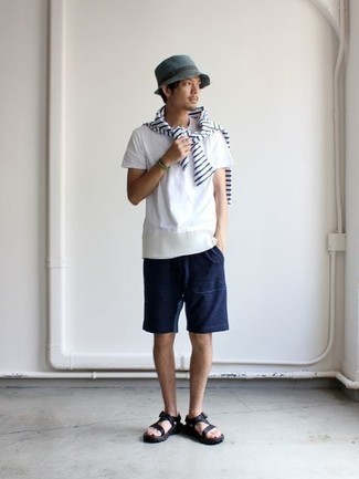 weißes und dunkelblaues horizontal gestreiftes Langarmshirt von Junya Watanabe MAN