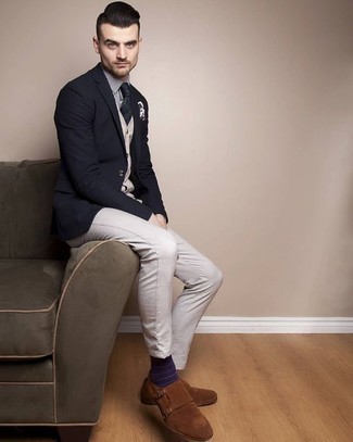 Hellviolette horizontal gestreifte Socken kombinieren – 14 Herren Outfits