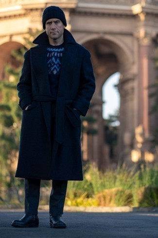 dunkelblauer Pullover mit einem Rundhalsausschnitt mit Norwegermuster von Oboy Streetwear