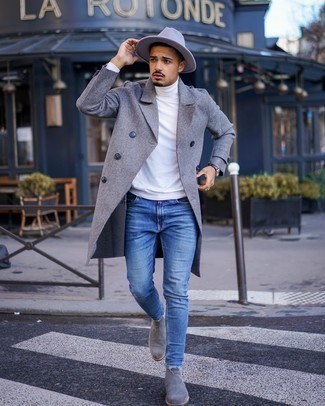Grauen Hut kombinieren – 295 Herren Outfits: Kombinieren Sie einen grauen Mantel mit einem grauen Hut für einen entspannten Wochenend-Look. Fühlen Sie sich ideenreich? Vervollständigen Sie Ihr Outfit mit grauen Chelsea Boots aus Wildleder.