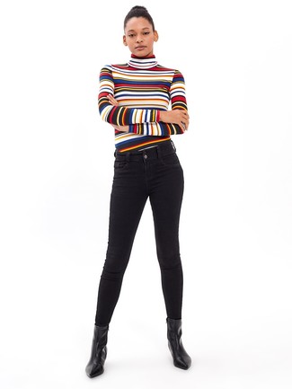 Mehrfarbigen horizontal gestreiften Fleece-Rollkragenpullover kombinieren – 2 Damen Outfits