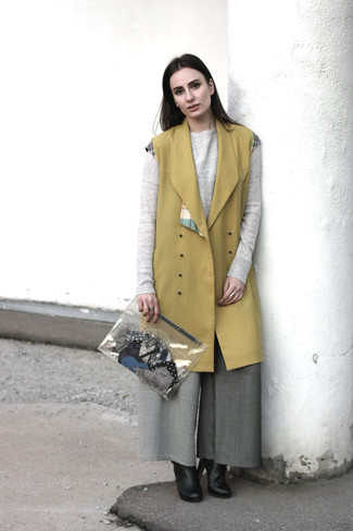 Welche weite Hose mit senf ärmelloses Mantels zu tragen – 1 Damen Outfits
