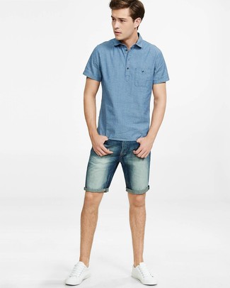 Dunkelblaues und weißes gepunktetes Kurzarmhemd kombinieren – 29 Herren Outfits