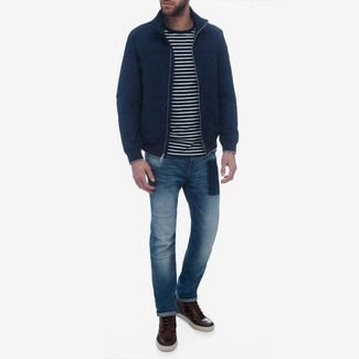 Welche Freizeitstiefel mit dunkelblauer Bomberjacke zu tragen – 41 Herren Outfits
