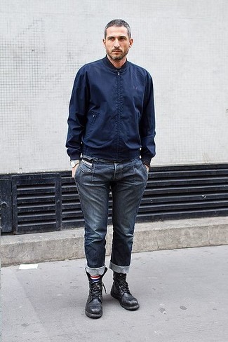 Welche Freizeitstiefel mit dunkelblauer Bomberjacke zu tragen – 41 Herren Outfits