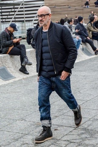 Welche Freizeitstiefel mit dunkelblauer Bomberjacke zu tragen – 41 Herren Outfits
