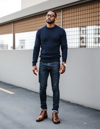 Welche Freizeitstiefel mit dunkelblauen Strickpullovers zu tragen – 21 Herren Outfits
