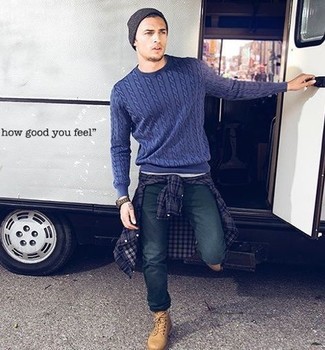 Welche Freizeitstiefel mit dunkelblauen Strickpullovers zu tragen – 21 Herren Outfits