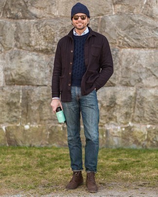 Welche Freizeitstiefel mit dunkelblauen Strickpullovers zu tragen – 21 Herren Outfits