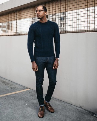 Welche Freizeitstiefel mit dunkelblauen Strickpullovers zu tragen – 21 Herren Outfits