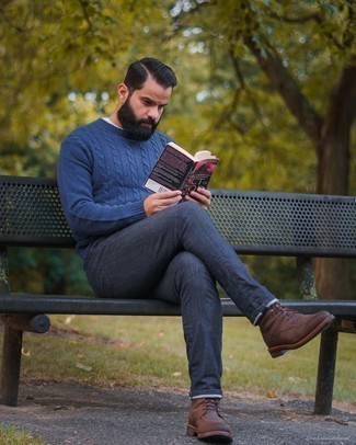 Welche Freizeitstiefel mit dunkelblauen Strickpullovers zu tragen – 21 Herren Outfits