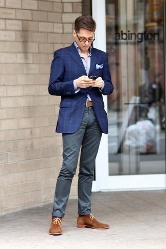 Dunkelblaue Jacke mit Karomuster kombinieren – 28 Frühling Herren Outfits
