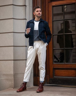 Dunkelblaue Jacke mit Karomuster kombinieren – 28 Frühling Herren Outfits