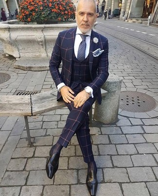 Dunkelblauen Dreiteiler mit Karomuster kombinieren – 36 Herren Outfits