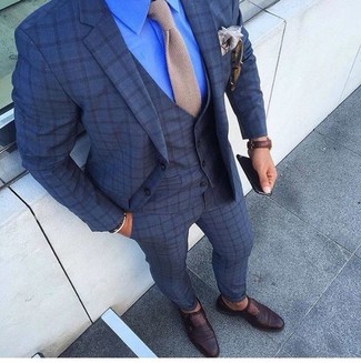 Dunkelblauen Dreiteiler mit Karomuster kombinieren – 36 Herren Outfits