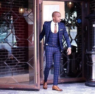 Dunkelblauen Dreiteiler mit Karomuster kombinieren – 36 Herren Outfits