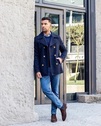 Wie dunkelblauen Pullover mit einem Rundhalsausschnitt mit blauer Jeans zu kombinieren – 253 Herren Outfits