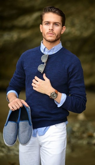 Welche Langarmhemden mit dunkelblauen Pullovers mit einem Rundhalsausschnitt zu tragen – 324 Herren Outfits