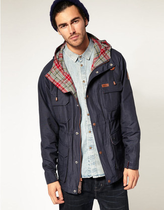 Dunkelblaue Feldjacke kombinieren – 192 Herren Outfits