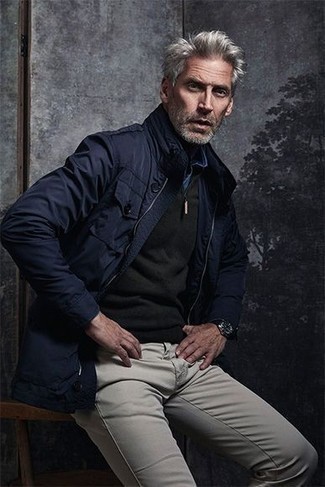 Dunkelblaue Feldjacke kombinieren – 192 Herren Outfits