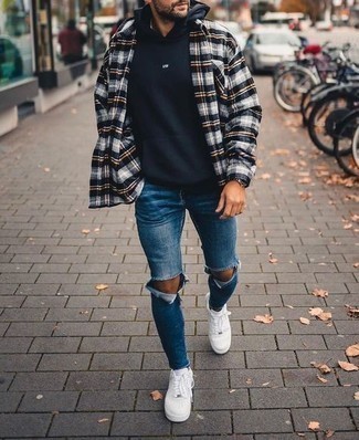 Welche Shirtjacken mit dunkelblauen Pullovers mit einem Kapuze zu tragen – 23 Herren Outfits