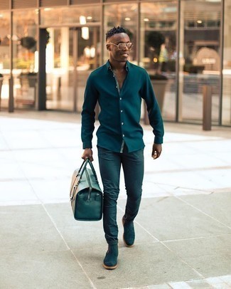Dunkelblaue Leder Reisetasche kombinieren – 20 Herren Outfits