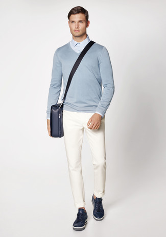 Dunkelblaue Leder Umhängetasche kombinieren – 21 Herren Outfits