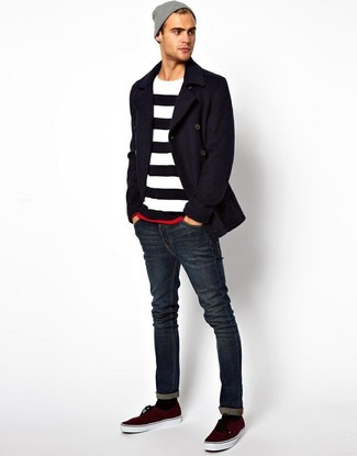 Welche Pullover mit einem Rundhalsausschnitt mit dunkelblauer enger Jeans zu tragen – 170 Herren Outfits