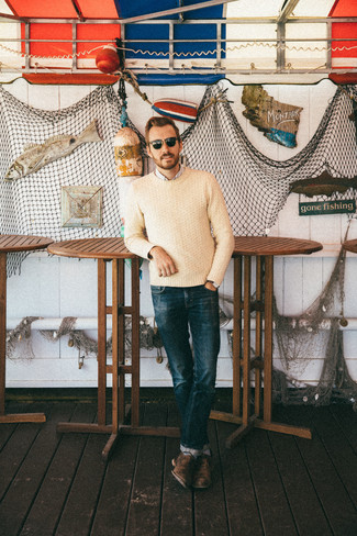 Welche Pullover mit einem Rundhalsausschnitt mit dunkelblauer enger Jeans zu tragen – 170 Herren Outfits