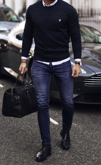 Welche Pullover mit einem Rundhalsausschnitt mit dunkelblauer enger Jeans zu tragen – 170 Herren Outfits