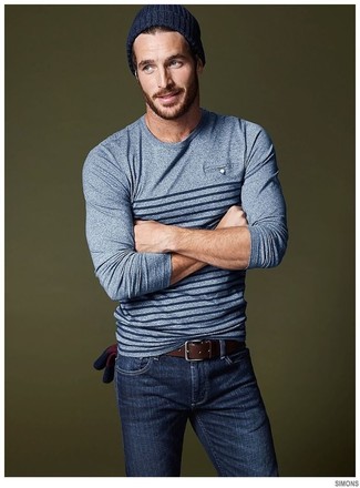 Welche Pullover mit einem Rundhalsausschnitt mit dunkelblauer enger Jeans zu tragen – 170 Herren Outfits