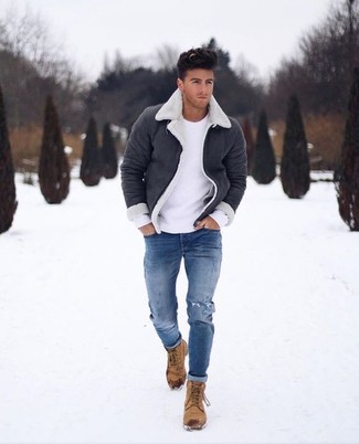 Welche Lammfelljacken mit dunkelblauer enger Jeans zu tragen – 29 Herren Outfits