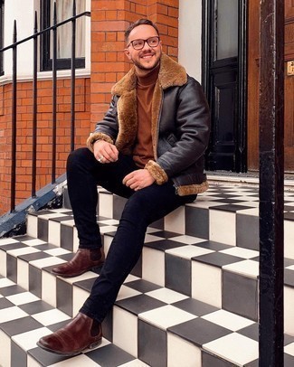 Welche Lammfelljacken mit dunkelblauer enger Jeans zu tragen – 29 Herren Outfits
