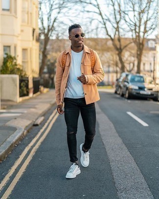 Welche enge Jeans mit orange Shirtjacke zu tragen – 4 Herren Outfits