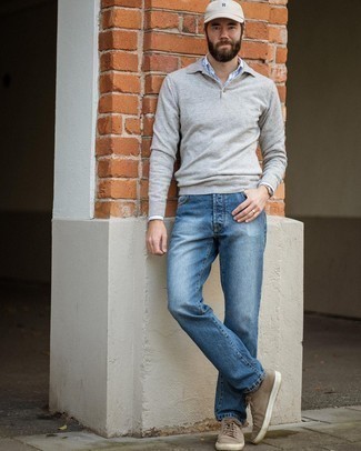 Dunkelgrauen Polo Pullover kombinieren – 60 Herren Outfits: Entscheiden Sie sich für einen dunkelgrauen Polo Pullover und blauen Jeans für Ihren Bürojob. Fühlen Sie sich ideenreich? Ergänzen Sie Ihr Outfit mit beige Segeltuch niedrigen Sneakers.