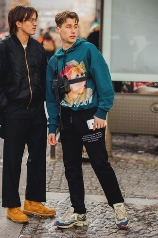 dunkeltürkiser bedruckter Pullover mit einem Kapuze von Tom Tailor