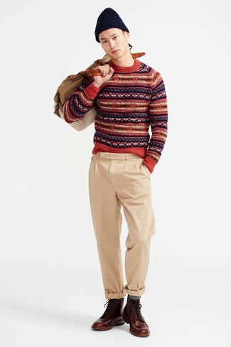 roter Pullover mit einem Rundhalsausschnitt mit Norwegermuster von Gucci