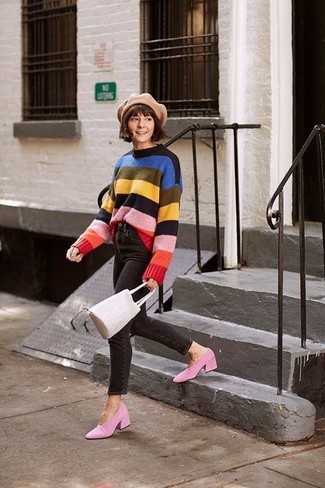 mehrfarbiger horizontal gestreifter Pullover mit einem Rundhalsausschnitt von Chinti & Parker