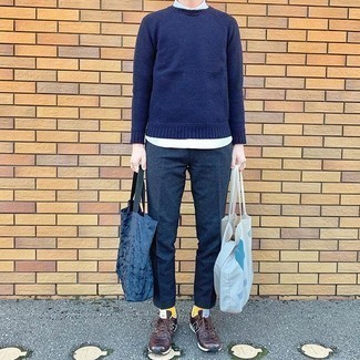 dunkelblaue bedruckte Shopper Tasche aus Segeltuch von Marni