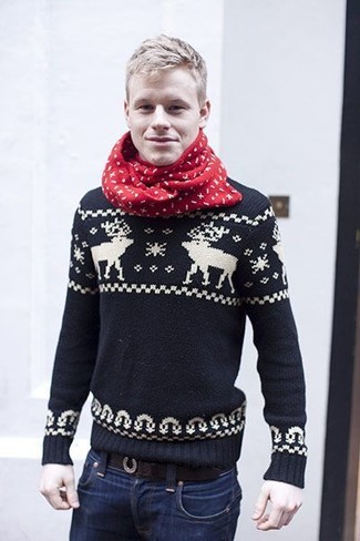 schwarzer und weißer Pullover mit einem Rundhalsausschnitt mit Norwegermuster von Another Influence