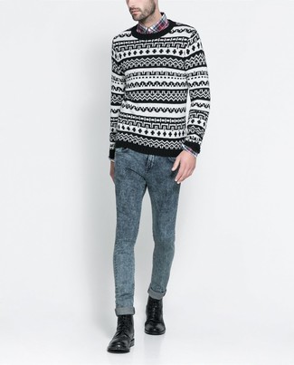 schwarzer und weißer Pullover mit einem Rundhalsausschnitt mit Norwegermuster von Another Influence