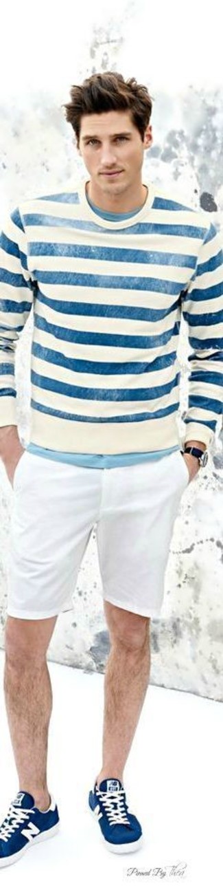 weißer und blauer horizontal gestreifter Pullover mit einem Rundhalsausschnitt von Ermanno Scervino