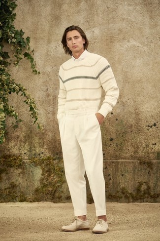 weißer horizontal gestreifter Pullover mit einem Rundhalsausschnitt von Rossignol